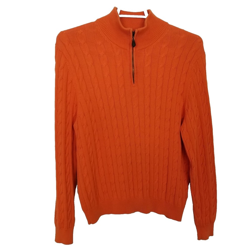 Brooks Brother Men Cable Knit Zip Neck Pullover Sweater Sz L Orange Cotton